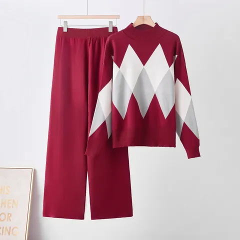 Women Mercerized Cotton Knit Top And Bottom Argyle Round Neck Loose Sweater Wide Leg Pants Casual Commuter Autumn Winter