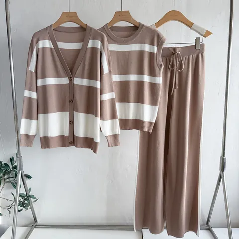Women Knitted Striped 3 Piece Set Casual V Neck Cardigan Sleeveless Vest Wide Leg Pants Contrast Color Autumn Winter Outfit