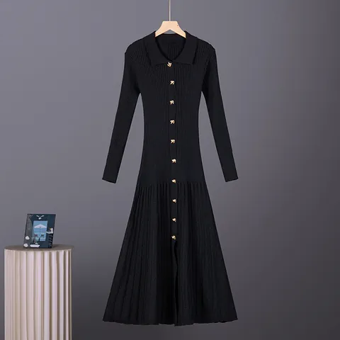 Women Modal Knit Dress Long Sleeve Polo Collar Single-Breasted Ribbed A-Line Midi Dress Solid Color Crocheted Elegant Dress