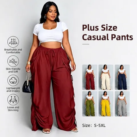 Women's Casual High Waist Drawstring Wide Leg Pants Loose Fit Solid Color Long Trousers Plus Size Streetwear Comfy Bottoms