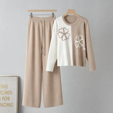 Women Color Block Knit Pullover Floral Embroidered Top And Wide Leg Pants Winter Outfits Commuting Fashion Clothing