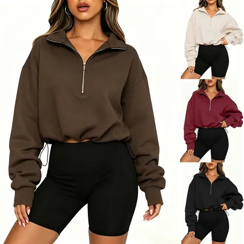 Women's Solid Color Half-Zip Polo Neck Cropped Hoodie Long Sleeve Drawstring Hem Sweatshirt Casual Polyester Pullover Top