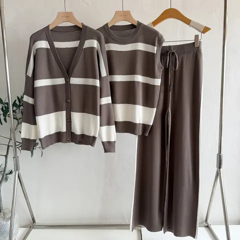 Women Knitted Striped 3 Piece Set Casual V Neck Cardigan Sleeveless Vest Wide Leg Pants Contrast Color Autumn Winter Outfit
