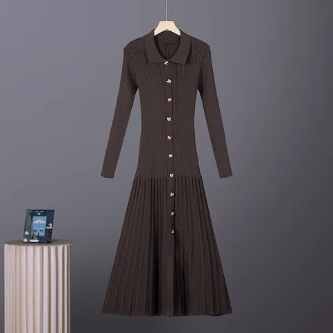 Women Modal Knit Dress Long Sleeve Polo Collar Single-Breasted Ribbed A-Line Midi Dress Solid Color Crocheted Elegant Dress