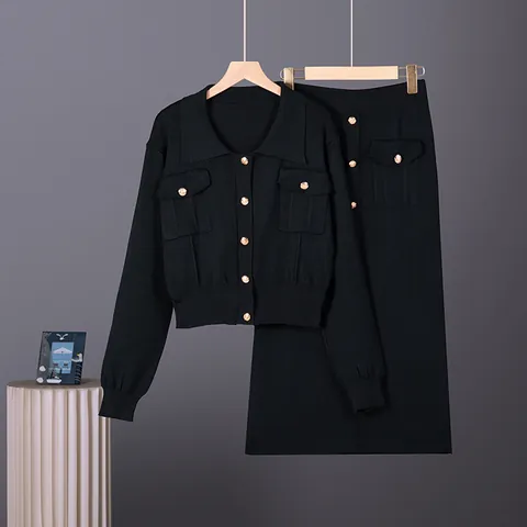 Women French Chic Knitted Cardigan Sweater And Midi Skirt Set Long Sleeve Lapel Metal Buttons Elegant Outfit