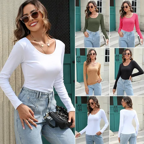 T-shirt da Donna a Costine con Scollo a U Manica Lunga Vestibilità Aderente Tinta Unita Top Basic Pullover Casual Sottogiacca Autunnale