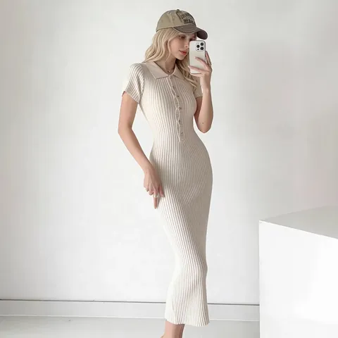 Women's Polo Neck Short Sleeve Knitted Dress Summer Ribbed Slim Fit Bodycon Maxi Dress Solid Color Cotton Blend Long Dress