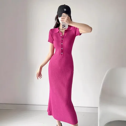 Women's Polo Neck Short Sleeve Knitted Dress Summer Ribbed Slim Fit Bodycon Maxi Dress Solid Color Cotton Blend Long Dress