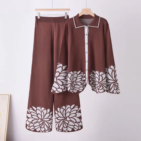 Women Floral Jacquard Knitted Top And Bottom Viscose Lapel Long Sleeve Single Breasted Cardigan Wide Leg Pants Two-Piece Set
