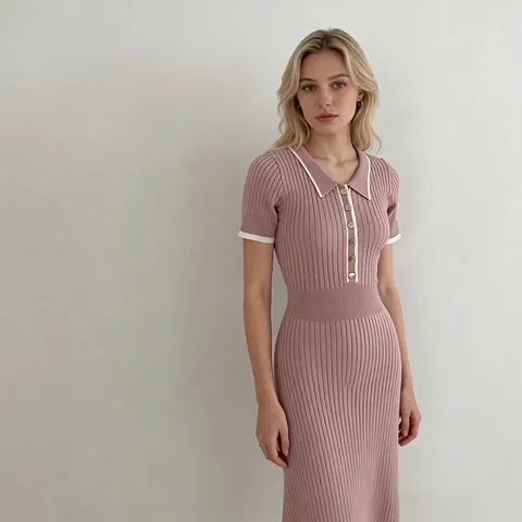 Women contrast Ribbed Knit Midi Dress Polo Neck Single Breasted Short Sleeve Slim Fit Bodycon Cotton Blend Patchwork Long Dress