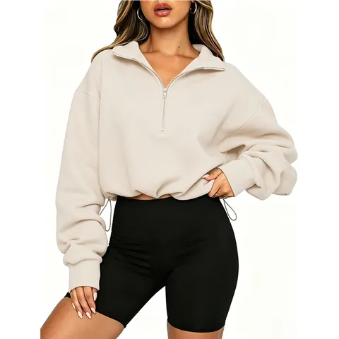 Women's Solid Color Half-Zip Polo Neck Cropped Hoodie Long Sleeve Drawstring Hem Sweatshirt Casual Polyester Pullover Top