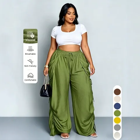 Women's Casual High Waist Drawstring Wide Leg Pants Loose Fit Solid Color Long Trousers Plus Size Streetwear Comfy Bottoms