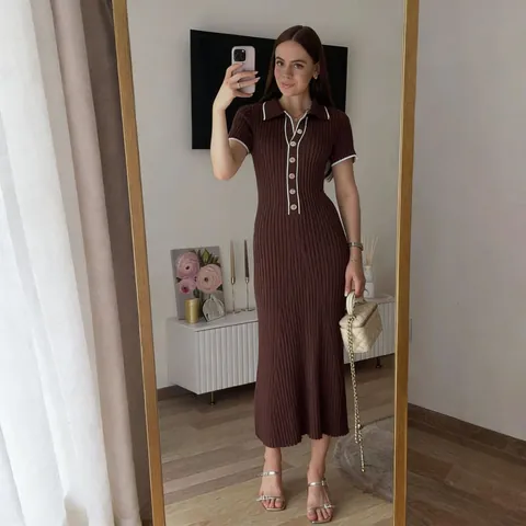 Women Slim Fit Knit Dress Contrast Patchwork Single Breasted Short Sleeve Polo Collar Ribbed Maxi Dress Elegant Party Long Dress