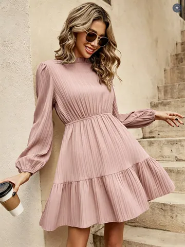 Elegant Mock Neck Puff Long Sleeve Pleated Mini Dress For Women Ruffle Hem A-Line Autumn Winter Party Cocktail Clubwear Dress