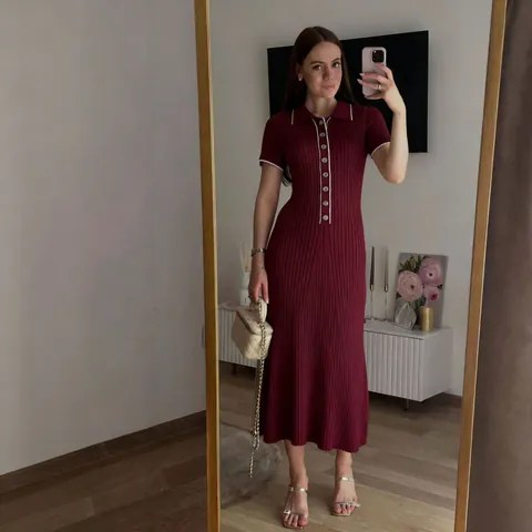 Women Slim Fit Knit Dress Contrast Patchwork Single Breasted Short Sleeve Polo Collar Ribbed Maxi Dress Elegant Party Long Dress