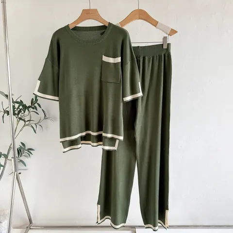 Women Knit Two-Piece Set Polyester Contrasting Trim Round Neck Short Sleeve Top And Wide Leg Pants Casual Elegant Loungewear