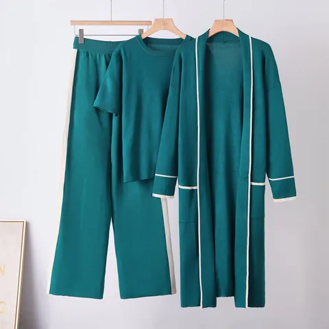 Women's 3 Piece Knit Set Contrast Trim Long Robe Cardigan Round Neck Top and Wide Leg Pants Casual Warm Loungewear