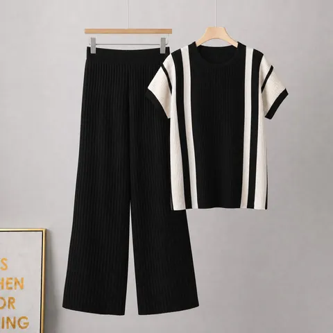 Ensemble Tricot Viscose Casual Femme Bloc de Couleur Top Manches Courtes Et Pantalon Large Élégant Ample Tenue Deux Pièces