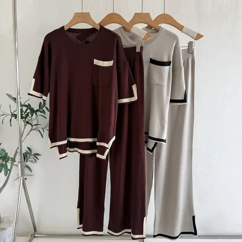 Women Knit Two-Piece Set Polyester Contrasting Trim Round Neck Short Sleeve Top And Wide Leg Pants Casual Elegant Loungewear