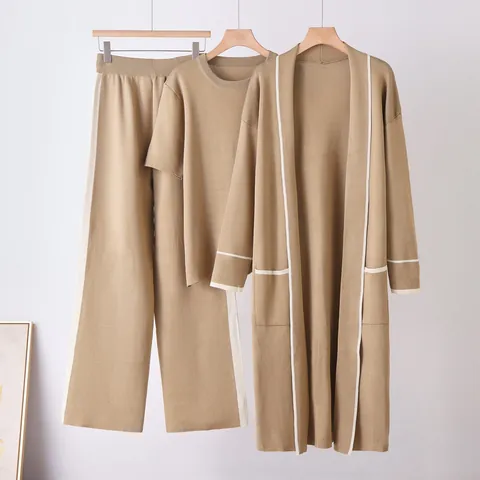 Women's 3 Piece Knit Set Contrast Trim Long Robe Cardigan Round Neck Top and Wide Leg Pants Casual Warm Loungewear