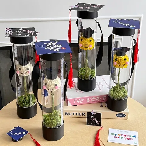 Creative Graduation Doctoral Hat Flower Packaging Box PVC Transparent Single Stem Bouquet Wrap With Tassel Graduation Party Gift Decorations For Student