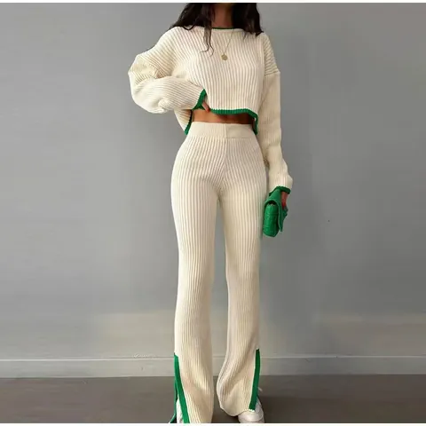 Dames Gebreide Tweeledige Set Contrast Bies Lange Mouwen Trui Top En Hoge Taille Gespleten Zoom Wijde Pijpen Broek Herfst Winter Outfit