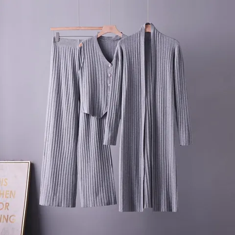 Women Modal Fiber Tie-Dyed Ribbed Knit Top And Bottom Cardigan Vest Wide Leg Pants Loose Lazy Style Autumn Winter Set