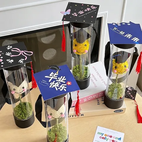 Creative Graduation Doctoral Hat Flower Packaging Box PVC Transparent Single Stem Bouquet Wrap With Tassel Graduation Party Gift Decorations For Student