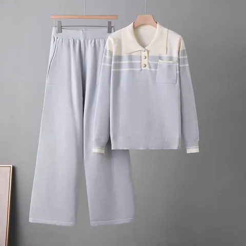 Women Striped Patchwork Knit Top And Bottom Set Polo Neck Long Sleeve Sweater And Wide Leg Pants Two Piece Outfits Casual Fashion Streetwear