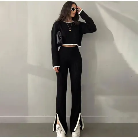 Dames Gebreide Tweeledige Set Contrast Bies Lange Mouwen Trui Top En Hoge Taille Gespleten Zoom Wijde Pijpen Broek Herfst Winter Outfit