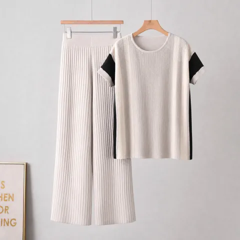 Damen Casual Plissiert Strick Set Farbfeld Kurzarm T-Shirt Und Weite Hose Zwei Teile Top Und Bottom Outfits