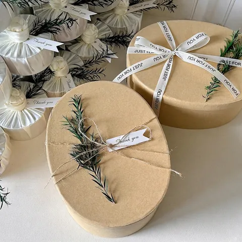 Elliptical Kraft Paper Gift Box Forest Style Favor Box For Candy Cake Biscuit Baking Packaging Rustic Brown Storage Cardboard Box With Lid For Wedding Birthday Party