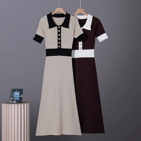 French Vintage Color Contrast Polo Neck Short Sleeve Knit Maxi Dress Slim Fit Mercerized Cotton Long Sweater Dress For Women