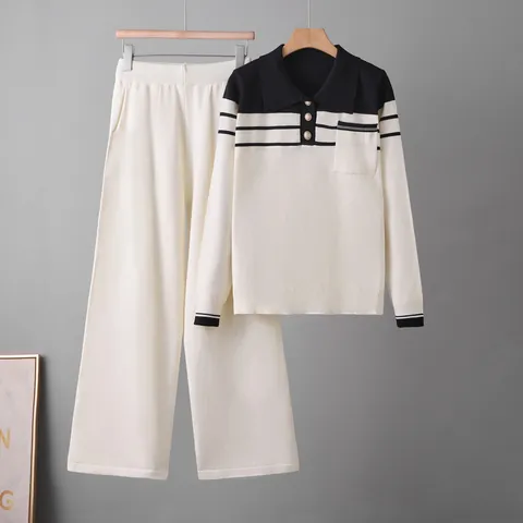 Women Striped Patchwork Knit Top And Bottom Set Polo Neck Long Sleeve Sweater And Wide Leg Pants Two Piece Outfits Casual Fashion Streetwear