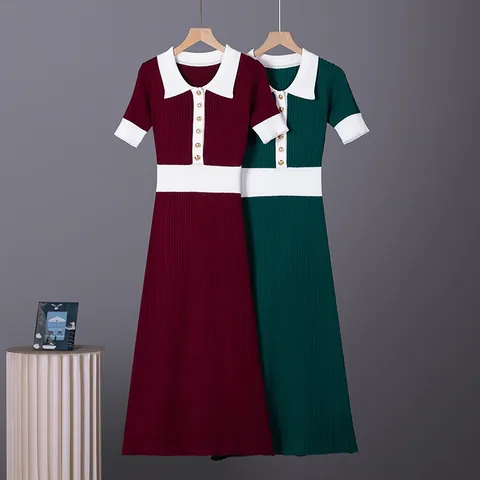French Vintage Color Contrast Polo Neck Short Sleeve Knit Maxi Dress Slim Fit Mercerized Cotton Long Sweater Dress For Women