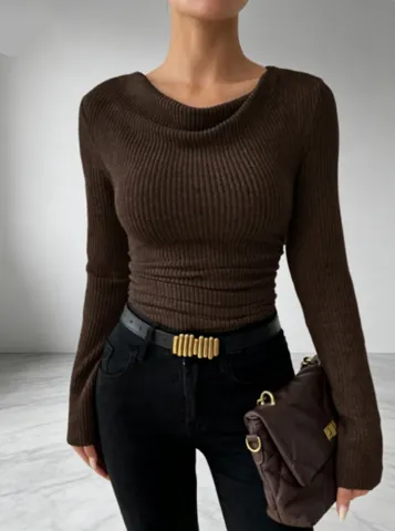 Women Cowl Neck Bell Sleeve Ribbed Knit Top Slim Fit Solid Color Long Sleeve Elegant Pullover Sweater Autumn Vacation Style