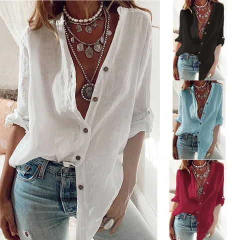 Chemisier Femme Décontracté en Coton Col en V Manches Longues à Pattes Coupe Ample Couleur Unie Haut de Chemise à Boutons