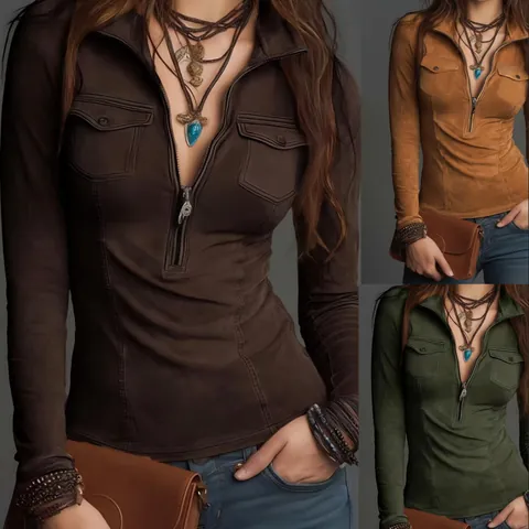 Damen Western Stil Vintage Cargo Top Slim Fit Halber Reißverschluss Stehkragen Langarm Wildleder Polyester Hemd Herbst Winter