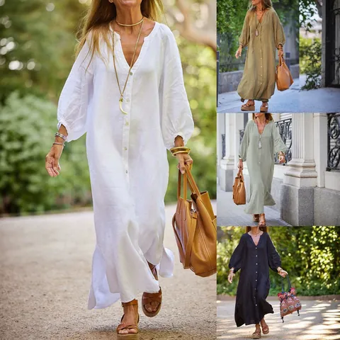 Women V Neck Puff Sleeve Shirt Dress Loose Casual Maxi Dress Polyester Split Long Beach Vacation Dress Solid Color Robe