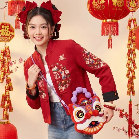 Bolso de Peluche de Danza del León Chino de Dibujos Animados Para Mujeres Niños Rojo Bordado Festivo Bolso de Hombro Regalo de Año Nuevo