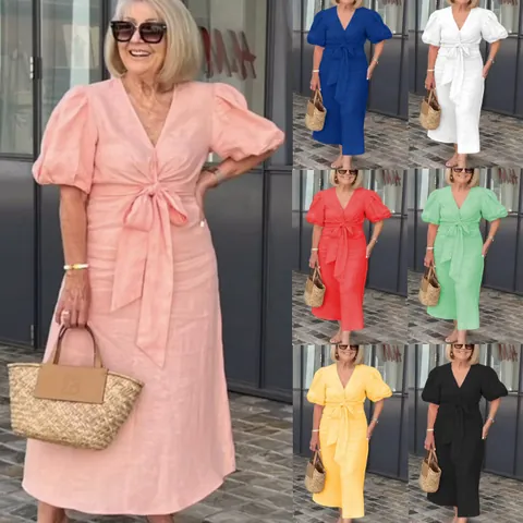 Abito Midi da Donna Vintage Scollo a V Maniche a Sbuffo Poliestere Spandex Tinta Unita Laccio in Vita Moda Estate Abito Lungo Casual