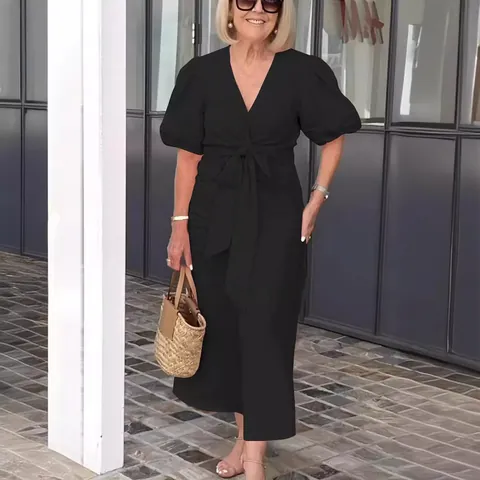 Abito Midi da Donna Vintage Scollo a V Maniche a Sbuffo Poliestere Spandex Tinta Unita Laccio in Vita Moda Estate Abito Lungo Casual