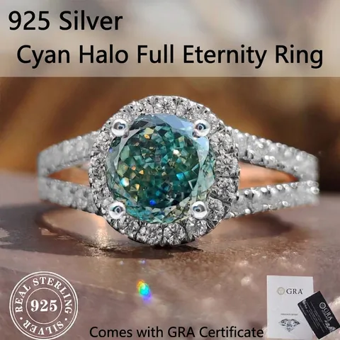 GRA Luxury 1 Carat Cyan Moissanite Halo Ring S925 Sterling Silver Plated White Gold Round Cut Moissanite Engagement Ring For Women Banquet Gift