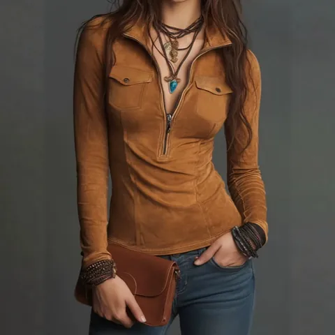 Damen Western Stil Vintage Cargo Top Slim Fit Halber Reißverschluss Stehkragen Langarm Wildleder Polyester Hemd Herbst Winter