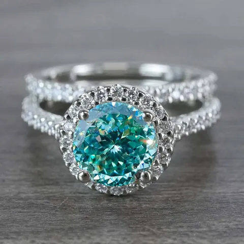 GRA Luxury 1 Carat Cyan Moissanite Halo Ring S925 Sterling Silver Plated White Gold Round Cut Moissanite Engagement Ring For Women Banquet Gift