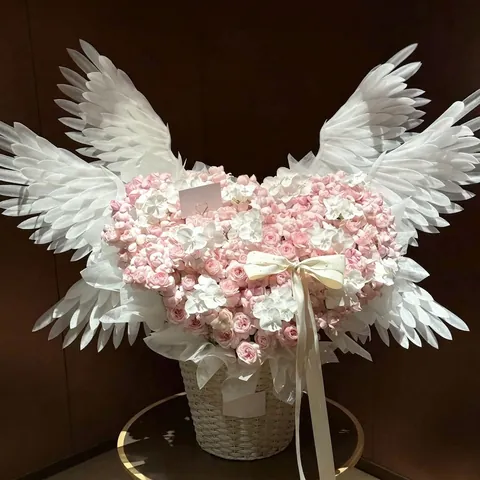 Electric Angel Wing Flower Bouquet Decoration Kit White Feather Wings for DIY Handicraft Floral Wedding Party Gift Decor