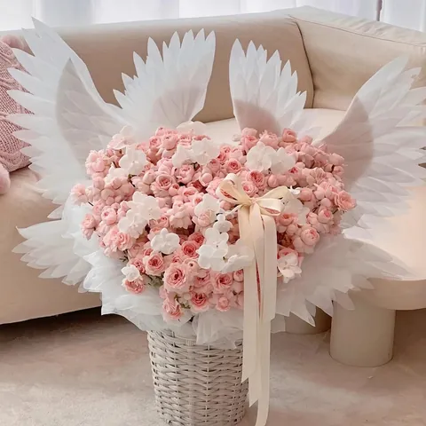 Electric Angel Wing Flower Bouquet Decoration Kit White Feather Wings for DIY Handicraft Floral Wedding Party Gift Decor