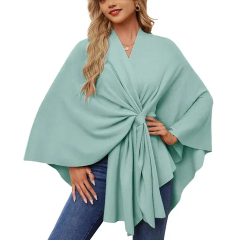 Giacca Scialle Avvolgente da Donna Elegante Tinta Unita Nodo Intrecciato Poncho Cape in Maglia Morbida Maniche a Pipistrello per Festa
