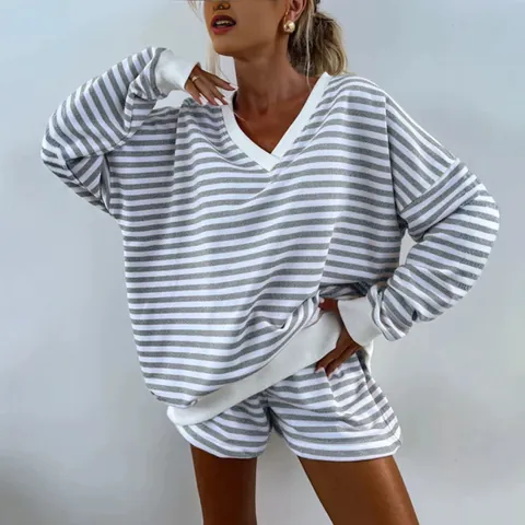 Women Casual Striped V-Neck Long Sleeve Hoodie And Shorts Top And Bottom Loose Drop Shoulder Athleisure Loungewear