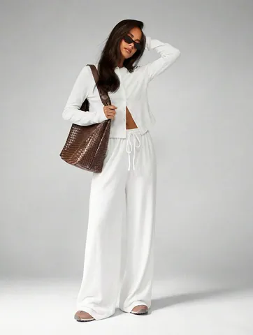 Women's Casual Polyester Top And Bottom Set Long Sleeve Ribbed Cardigan And High Waist Drawstring Wide Leg Pants Clothing